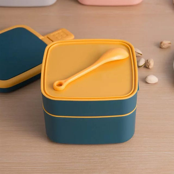2838A BLUE DOUBLE-LAYER PORTABLE LUNCH BOX STACKABLE WITH CARRYING HANDLE AND SPOON LUNCH BOX , Bento Lunch Box 